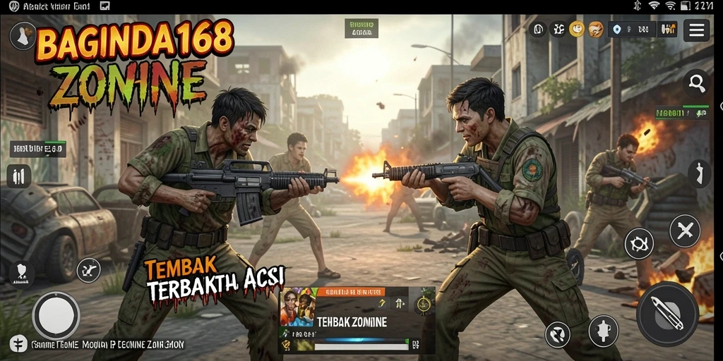 Tampilan antarmuka game BAGINDA168 dengan aksi tembak zombie.
